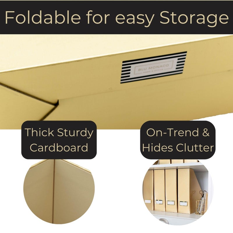 BLU MONACO | Gold Cardboard Magazine File Holder Set of 4 | Vertical Magazine File Holder for Shelves | Standing File Holder Desk Organizer - Image 5